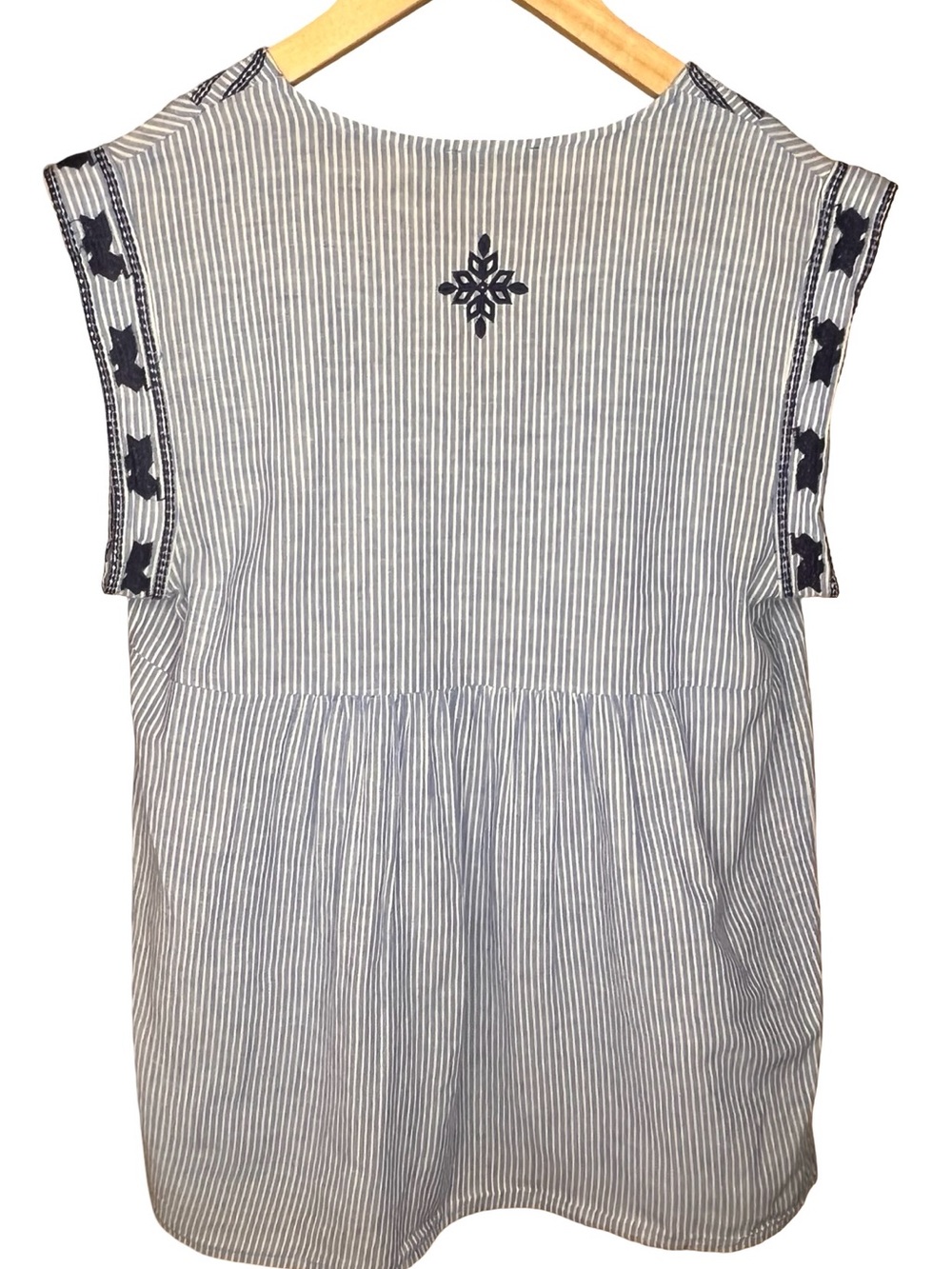 THML Embroidered Striped Boho Tunic Top Sz M Blue White Anthropologie Style - Picture 6 of 10